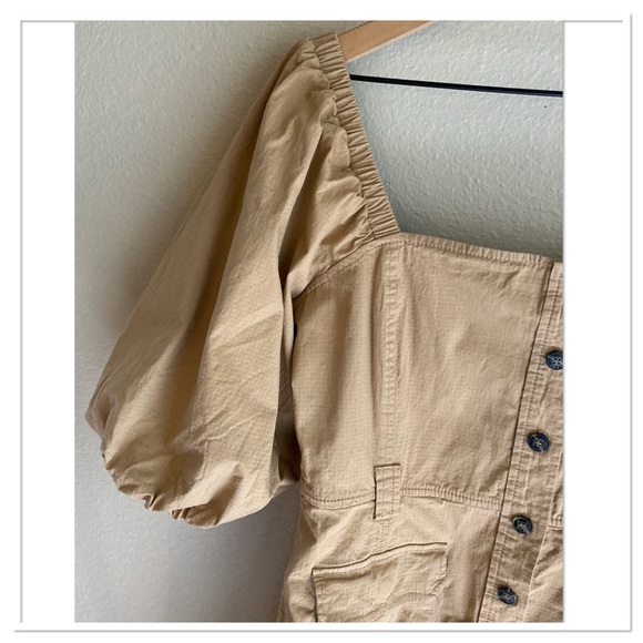 Ganni Ripstop Cotton Chino Puff Sleeve Midi Dress A Line Silhouette Tan Size L - Picture 3 of 11